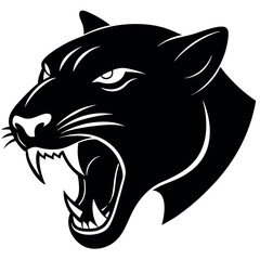 a black and white illustration of a panther's head. The panther is facing towards the right side of the image, with its mouth open wide and its teeth bared