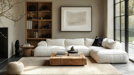 Modern Minimalist Living Room Design with Natural Elements and a Large Sectional Sofa