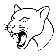 a black and white illustration of a panther's head. The panther is facing towards the right side of the image, with its mouth open wide and its teeth bared