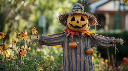 A cheerful scarecrow featuring a carved pumpkin head with a smiling face is dressed in a colorful striped shirt. The scarecrow is adorned with a festive hat that has a striped pattern and a black band