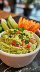 Fresh and vibrant guacamole served with cucumber and carrot sticks, perfect for healthy snacking and party appetizers.