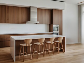 Modern Kitchen Island with Wooden Stools and White Countertop