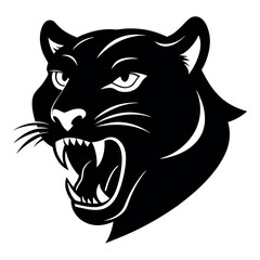 a black and white illustration of a panther's head. The panther is facing towards the right side of the image, with its mouth open wide and its teeth bared