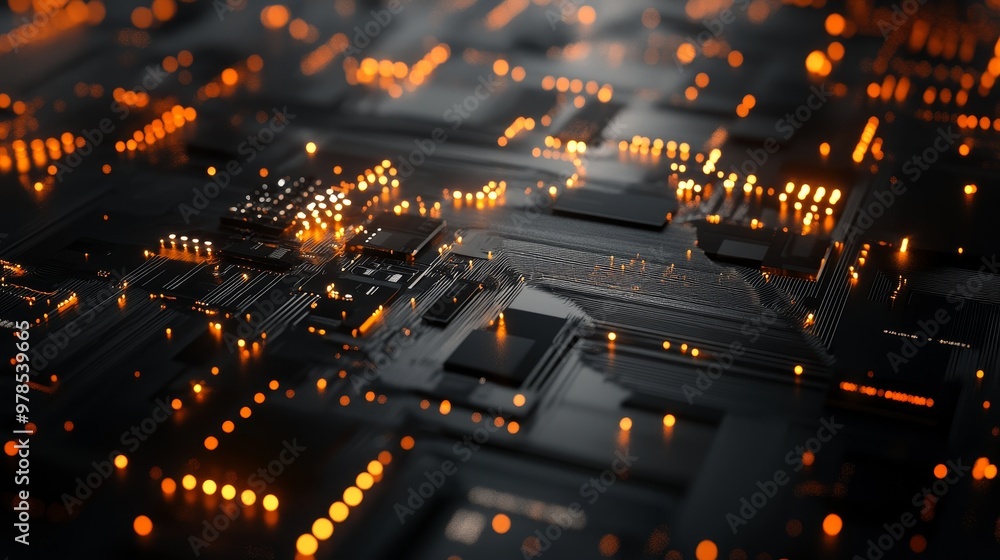Poster a close-up view of a circuit board with glowing orange lights, showcasing intricate electronic compo