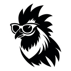 a black and white illustration of ‍a Rooster with sunglasses. its wings spread out and its head facing towards the left side of the image. It has a pair of sunglasses on its face
