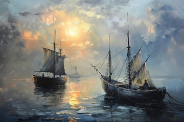 Obraz premium Fisherman, ships, boat, sea landscape, oil paintings