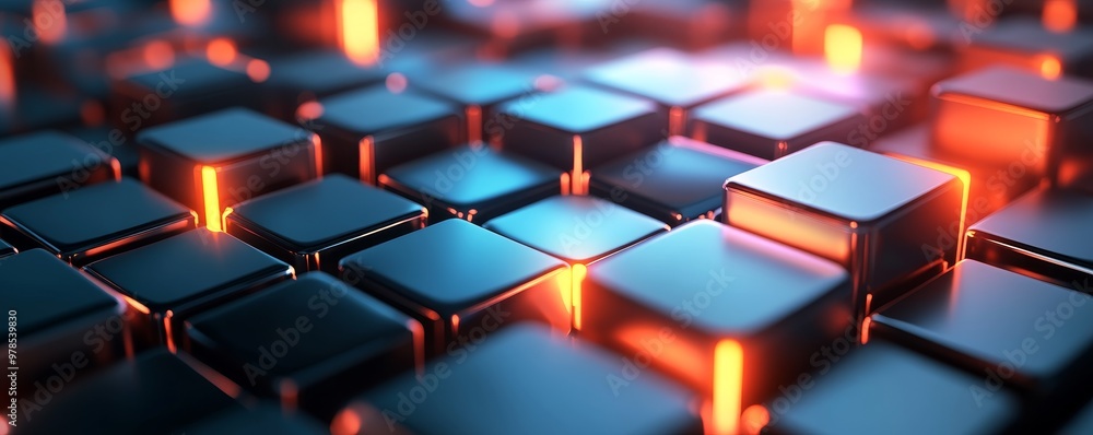 Poster a close-up view of glowing cubes in a dark environment, creating a futuristic and modern abstract ba