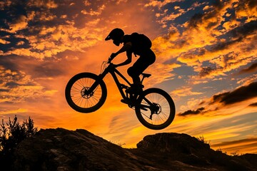 At dusk, a mountain biker silhouette leaps across rugged terrain, capturing the essence of extreme sports and adventure