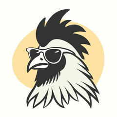 a black and white illustration of ‍a Rooster with sunglasses. its wings spread out and its head facing towards the left side of the image. It has a pair of sunglasses on its face