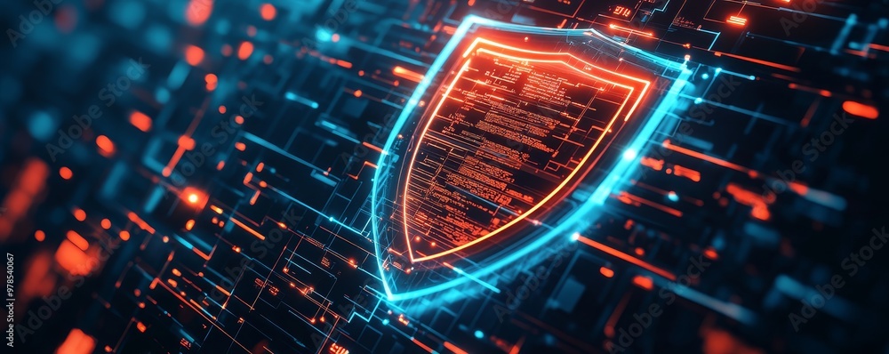 Poster a digital shield symbol representing cybersecurity, surrounded by vibrant blue and orange data strea