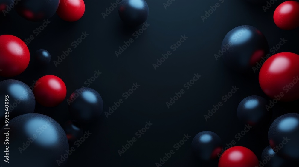 Poster A dynamic composition of red, black, and gray spheres on a dark background, creating an abstract visual depth and texture.