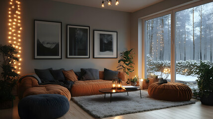Cozy Living Room with String Lights and Winter View