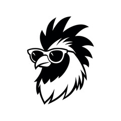 Fototapeta premium a black and white illustration of ‍a Rooster with sunglasses. its wings spread out and its head facing towards the left side of the image. It has a pair of sunglasses on its face