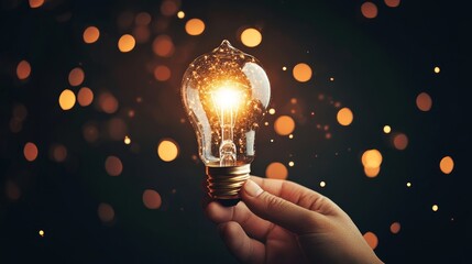 A hand holding a glowing light bulb amidst a magical, bokeh background, symbolizing inspiration and creativity.