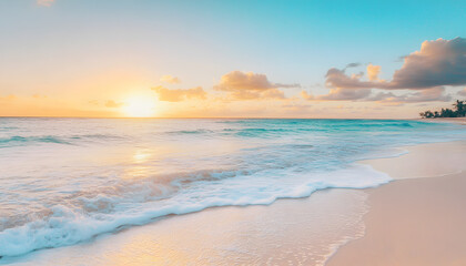 Obraz premium Crystal-clear turquoise waters with gentle waves lapping at a pristine beach under a golden sunset