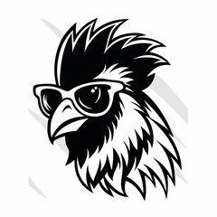 a black and white illustration of ‍a Rooster with sunglasses. its wings spread out and its head facing towards the left side of the image. It has a pair of sunglasses on its face