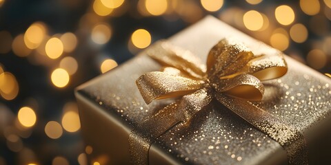 A beautiful gold gift box elegantly wrapped and placed against a soft, blurred background, highlighting its festive charm and evoking the warmth of holiday celebrations.
