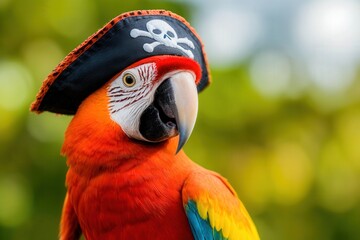 Fototapeta premium Colorful parrot wearing a pirate hat, showcasing vibrant feathers with a natural blurred background, perfect for themed designs.