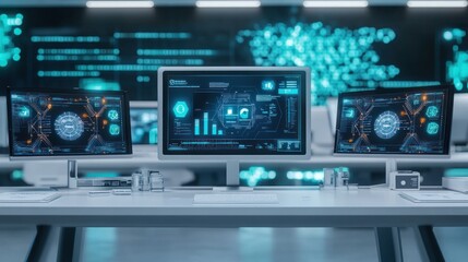 A futuristic workspace with multiple screens displaying data and graphics.
