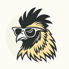 a black and white illustration of ‍a Rooster with sunglasses. its wings spread out and its head facing towards the left side of the image. It has a pair of sunglasses on its face