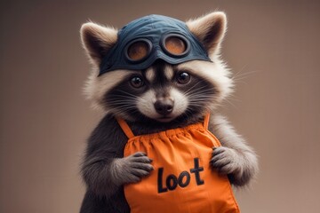 Obraz premium Cute raccoon wearing goggles and holding an orange bag labeled 'Loot'. Adorable and playful animal portrait.