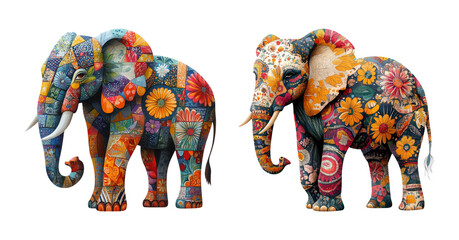 Fototapeta premium Colorful Patchwork Elephants With Floral Patterns On Transparent Background