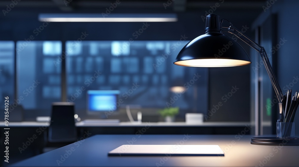 Poster a modern office desk scene featuring a stylish lamp, empty notepad, and computer setup in a dimly li