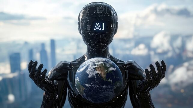 AI Robot Holding Earth with "AI" Displayed on its Head - Powered by Adobe