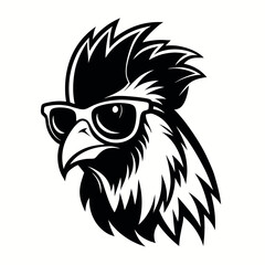 Obraz premium a black and white illustration of ‍a Rooster with sunglasses. its wings spread out and its head facing towards the left side of the image. It has a pair of sunglasses on its face
