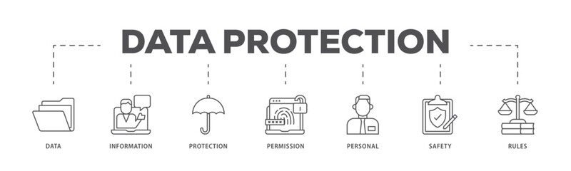Data protection infographic icon flow process which consists of data, information, protection, permission, personal, safety and rules icon live stroke and easy to edit 