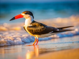 Obraz premium African Skimmer bird perched on sandy beach, feathers glistening in warm sunlight, beak scanning shallow waters for fish and crustaceans