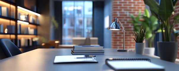 A modern workspace showcasing a neat desk with a light, notebooks, and decorative plants under soft ambient lighting.