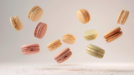 Obraz premium Appetizing different taste macaroons fly in the air isolated on light white background. French dessert macaroon levitating in the air. Advertisement of french sweets 