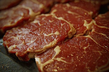 Obraz premium Close up of raw, marbled beef steak on cutting board