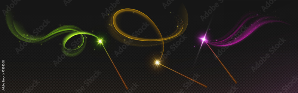 Poster magic wand with fairy colorful swirl light trail with sparkles and glitter. realistic 3d vector set 