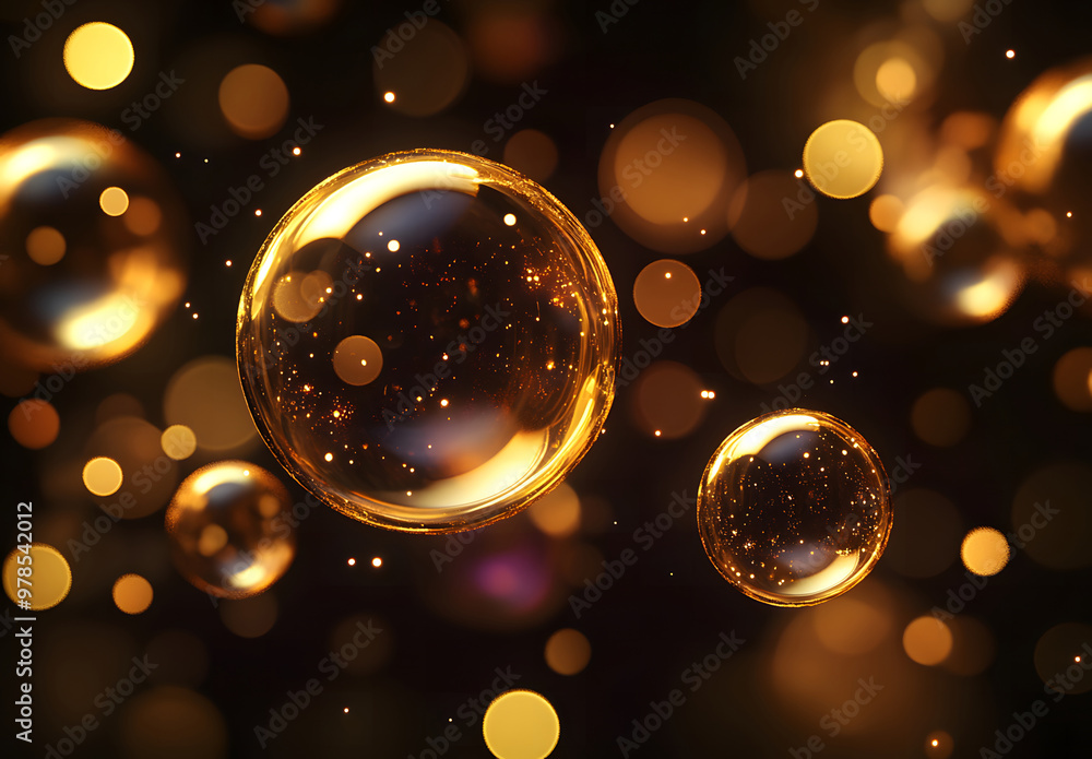 Poster Golden Bubbles Floating in a Soft Glowing Bokeh Light Background