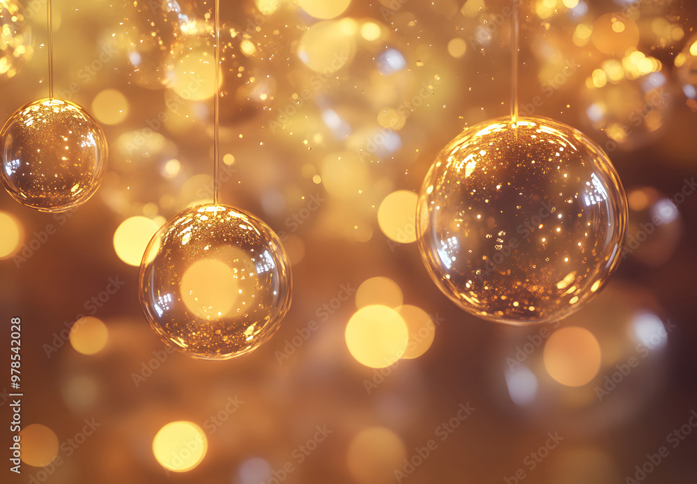 Poster Golden Bubbles Floating in a Soft Glowing Bokeh Light Background