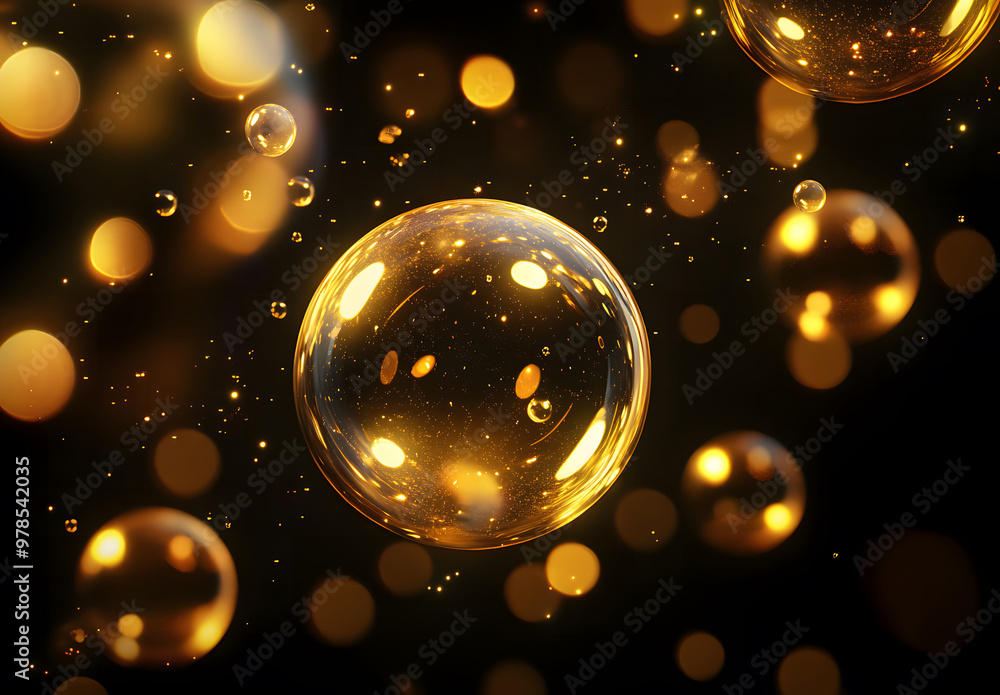 Poster Golden Bubbles Floating in a Soft Glowing Bokeh Light Background