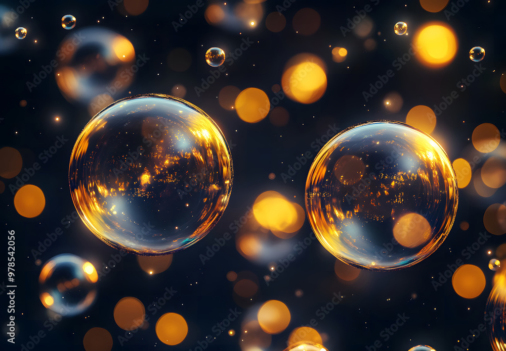 Poster Golden Bubbles Floating in a Soft Glowing Bokeh Light Background