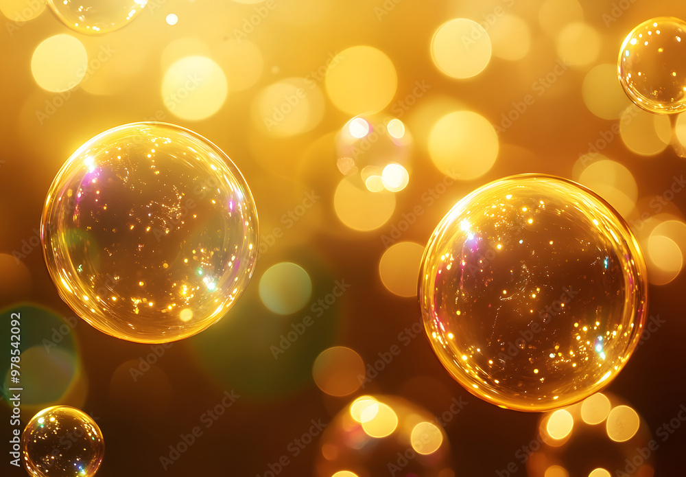 Poster Golden Bubbles Floating in a Soft Glowing Bokeh Light Background