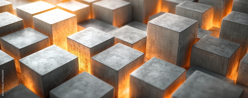 Poster a stunning abstract image featuring illuminated concrete cubes, showcasing modern design and unique 