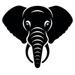 a black and white illustration of an elephant's head. The elephant has a large trunk with two tusks on either side. The head is facing towards the left side of the image and its eyes are large