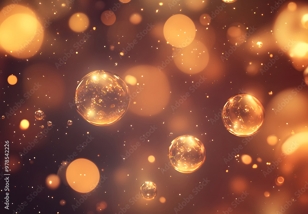 Poster Golden Bubbles Floating in a Soft Glowing Bokeh Light Background