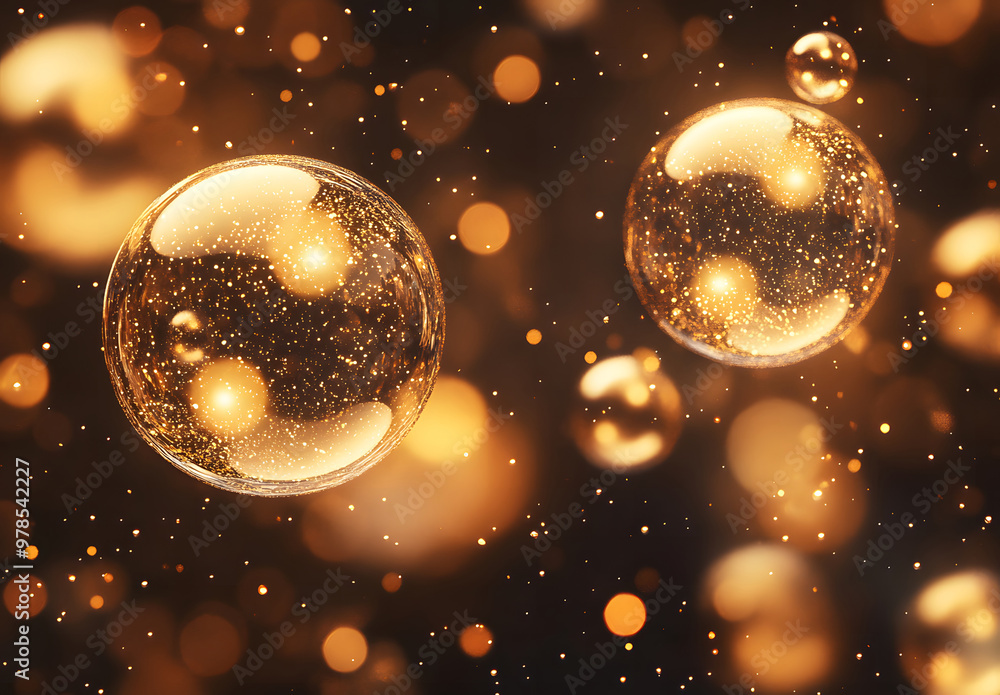 Poster Golden Bubbles Floating in a Soft Glowing Bokeh Light Background
