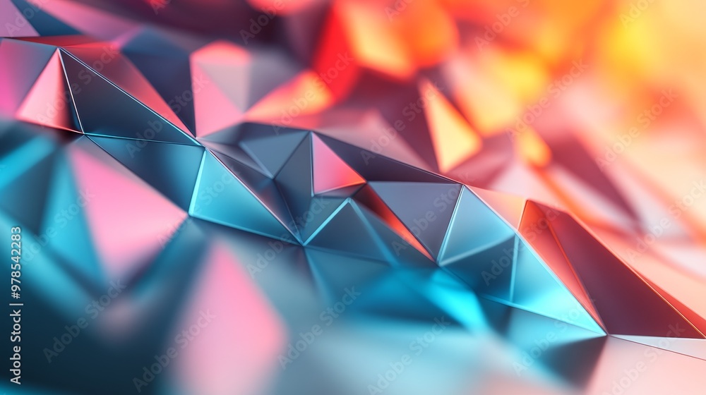 Poster A vibrant abstract background featuring colorful geometric shapes and sharp angles illuminated by soft lighting.