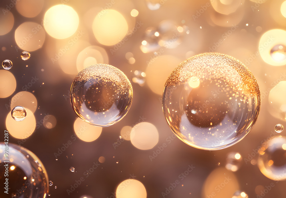 Poster Golden Bubbles Floating in a Soft Glowing Bokeh Light Background