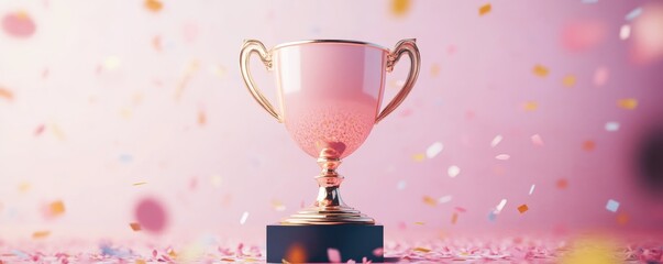 A stylish pink trophy surrounded by colorful confetti, perfect for celebrating success and achievements in any event.