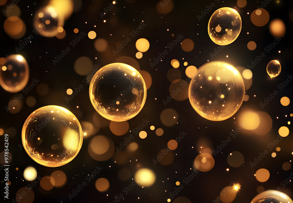 Poster Golden Bubbles Floating in a Soft Glowing Bokeh Light Background