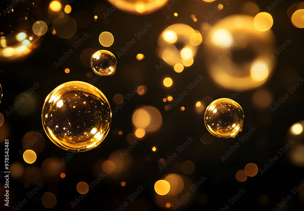 Poster Golden Bubbles Floating in a Soft Glowing Bokeh Light Background