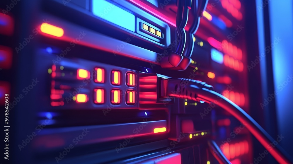 Poster a vivid close-up of server technology showcasing illuminated components and cables in a modern data 